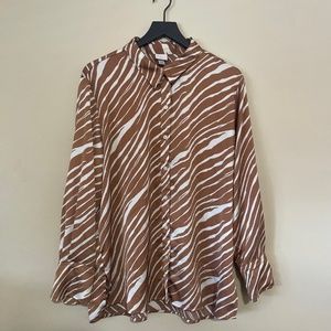 A New Day Oversized Satin Button-Down Shirt Brown Zebra Striped | Size Large